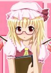  ascot bespectacled blonde_hair blush book flandre_scarlet glasses hat highres neats neck_ribbon red_eyes ribbon short_hair short_sleeves solo the_embodiment_of_scarlet_devil touhou wings 