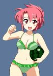  bikini breast_rest breast_squeeze breasts carried_breast_rest cleavage food fruit highres holding holding_fruit lyrical_nanoha mahou_shoujo_lyrical_nanoha mahou_shoujo_lyrical_nanoha_strikers numbers_(nanoha) oda_masaru open_mouth red_eyes red_hair redhead simple_background smile solo swimsuit watermelon wendi 