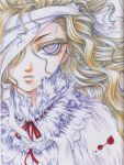  artist_request bandage_over_one_eye blonde_hair blood blood_stain blood_stains character_request close-up colored_eyelashes copyright_request eyelashes face frills kisaragi_hirotaka lavender_eyes lips long_hair marker_(medium) scan solo source_request traditional_media wavy_hair 