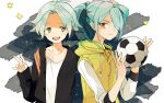  ball blue_eyes blue_hair casual fubuki_shirou hair_over_one_eye inazuma_eleven inazuma_eleven_(series) kazemaru_ichirouta long_hair multiple_boys ototoi ponytail red_eyes short_hair soccer_ball star telstar white_hair 