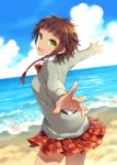  beach blue_sky braid brown_hair cloud clouds foreshortening green_eyes nardack ocean open_mouth original outstretched_arms outstretched_hand perspective plaid plaid_skirt short_hair skirt sky solo spread_arms 
