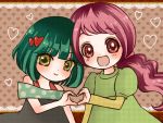  bare_shoulders blush bob_cut brown_background child dark_precure dress green_hair hair_ornament hanasaki_futaba happy heart heart_hands heart_hands_duo heartcatch_precure! multiple_girls open_mouth ponytail precure red_eyes red_hair redhead short_hair smile what_if yellow_eyes young 