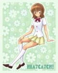  arm_support blush bow bowtie brown_eyes brown_hair floral_background green_background heartcatch_precure! kneehighs loafers myoudouin_itsuki naka_(ez) precure school_uniform shoes short_hair sitting skirt solo thigh-highs thighhighs title_drop white_legwear 