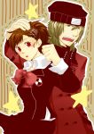  aragaki_shinjirou beanie blush bow brown_hair couple female_protagonist_(persona_3) green_eyes hair_ornament hat highres open_mouth pat persona persona_3 persona_3_portable red_eyes ribbon school_uniform sweatdrop trench_coat trenchcoat 