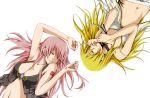  blonde_hair blue_eyes breasts cleavage closed_eyes eyes_closed lily_(vocaloid) long_hair megurine_luka midriff multiple_girls nail_polish navel no10 pink_hair simple_background vocaloid 