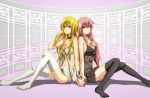  blonde_hair blue_eyes breasts cleavage hand_holding holding_hands legs lily_(vocaloid) lingerie long_hair long_legs megurine_luka midriff multiple_girls nail_polish navel no10 open_clothes open_shirt pink_hair shirt sitting skirt thigh-highs thighhighs thighs underboob underwear vocaloid zettai_ryouiki 