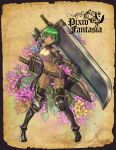  armor bikini_armor dark_skin docoi flower green_hair huge_weapon midriff navel pixiv_fantasia pixiv_fantasia_5 purple_eyes short_hair solo sword weapon 