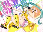  belt boots bracelet floral_background food fruit hatsune_miku heart jewelry keyboard microphone midriff navel oimari open_mouth petals piano_keys project_diva project_diva_2nd shorts sleeveless star twintails vocaloid wink yellow_(vocaloid) 