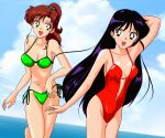  2girls bishoujo_senshi_sailor_moon black_eyes black_hair brown_hair casual_one-piece_swimsuit gentoku green_eyes highres hino_rei kino_makoto long_hair one-piece_swimsuit ponytail sailor_jupiter sailor_mars swimsuit 