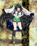  adapted_costume arms_behind_head bad_id black_hair black_wings blush bow breasts cape hair_bow highres large_breasts large_wings long_hair midriff navel nekokotei open_mouth red_eyes reiuji_utsuho smile solo third_eye touhou wings 