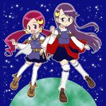  belt cape cosplay hair_ornament hanasaki_tsubomi heartcatch_precure! long_hair multiple_girls open_mouth precure purple_eyes purple_hair red_eyes red_hair redhead rena_lanford rena_lanford_(cosplay) space star_ocean star_ocean_the_second_story thigh-highs thighhighs tsukikage_yuri twintails violet_eyes 