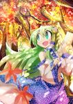  :d absurdres autumn breasts detached_sleeves frog gibuchoko gohei green_eyes green_hair hair_ornament highres kochiya_sanae leaf long_hair open_mouth scenery shade smile snake solo touhou tree 