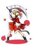  blonde_hair boots capelet cross-laced_footwear dress drill_hair elly hat hemogurobin_a1c lace-up_boots red_dress red_eyes scythe short_hair simple_background solo standing touhou touhou_(pc-98) weapon 