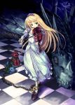  blonde_hair blue_eyes chain chains checkered checkered_floor copyright_request creature crescent_moon cuffs dragon dress eye_contact fantasy instrument light_smile long_hair long_sleeves looking_at_another lying moon night on_stomach shoes sitting sky solo source_request tiara violin 