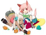  :d animal_ears bad_id breasts colomon dark_skin fang green_eyes grey_hair hooves horns multiple_girls open_mouth original panties pillow pink_eyes pink_hair pink_legwear pink_thighhighs short_hair short_shorts shorts sitting smile tail tan tank_top tanline thigh-highs thighhighs top-down_bottom-up underwear wariza 