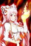 :d bad_id black_background bow breasts cigarette cleavage fiery_background fire fujiwara_no_mokou grin hair_bow highres large_bow long_hair looking_at_viewer midriff navel open_mouth pants paparins pink_hair red_eyes shirt smile smoking solo suspenders teeth touhou very_long_hair white_hair white_shirt 