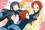  akiyama_mio birthday black_hair black_legwear blonde_hair brown_eyes brown_hair closed_eyes eyes_closed glasses happy happy_birthday hirasawa_yui hug ishimari k-on! kotobuki_tsumugi long_hair multiple_girls nakano_azusa pantyhose school_uniform short_hair tainaka_ritsu yamanaka_sawako 