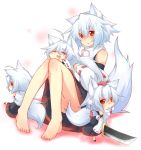  animal_ears bad_id barefoot chibi clone detached_sleeves feet hat highres inubashiri_momiji kazami_mioyoru kazami_ryouya minigirl multiple_girls multiple_persona red_eyes short_hair solo sword tail tokin_hat touhou weapon white_hair wolf_ears wolf_tail 