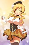  beret blonde_hair breasts cup drill_hair hair_ornament hat large_breasts magical_girl mahou_shoujo_madoka_magica pleated_skirt puffy_sleeves skirt solo teacup thigh-highs thighhighs tomoe_mami yellow_eyes yuzucky zettai_ryouiki 
