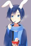  animal_ears bad_id blue_eyes blue_hair bowl bunny_ears chopsticks food jikunyaga kaito male scarf solo vocaloid 