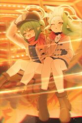  2girls absurdres alternate_costume black_boots black_hat blue_archive boots brown_jacket cuz_be fang gloves halo hand_up hashtag-only_commentary hat highres hikari_(blue_archive) jacket long_hair long_sleeves multiple_girls nozomi_(blue_archive) one_eye_closed open_clothes open_jacket open_mouth outdoors parted_lips pointy_ears siblings sisters sitting smile tail twins twintails white_gloves yellow_eyes 