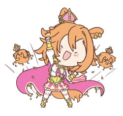  1girl absurdres animal_ears arm_up armor beak bird blush blush_stickers boots breasts cape chibi chibi_only clenched_hands closed_eyes commentary crown english_commentary fingerless_gloves flying gloves gold_boots gold_corset hair_between_eyes highres horse_ears horse_girl horse_tail jewelry long_sleeves mini_crown open_mouth orange_hair orange_tail pink_cape pink_crown shirt short_hair shoulder_armor simple_background single_fingerless_glove skirt smile t.m._opera_o_(o_sole_suo!)_(umamusume) t.m._opera_o_(umamusume) tail thigh-highs two-tone_skirt ukichan22905846 umamusume white_background white_gloves white_shirt white_thighhighs wings 