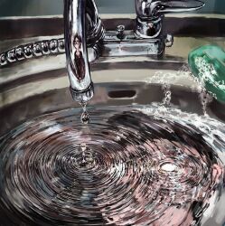  1other absurdres ambiguous_gender commentary_request doeun_o_o faucet highres original reflection ripples sink soap_bubbles still_life water water_drop 