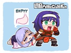  2girls cape fire_emblem fire_emblem:_radiant_dawn green_eyes ilyana_(fire_emblem) mia_(fire_emblem) multiple_girls open_mouth parameciumkun purple_hair purple_skirt skirt stomach violet_eyes 