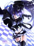  belt beltskirt black_rock_shooter boots checkered checkered_floor english fang glowing glowing_eyes highres insane_black_rock_shooter long_hair navel poaro purple_eyes purple_hair scar shorts solo thigh-highs thigh_boots thighhighs very_long_hair violet_eyes 