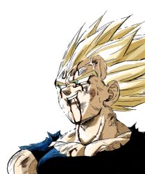  1boy 1rasutotoukou battle_damage blonde_hair blood blood_from_mouth commentary_request dragon_ball dragon_ball_z facial_mark forehead_mark green_eyes majin_vegeta muscular muscular_male parted_lips simple_background smile solo spiky_hair super_saiyan upper_body vegeta veins white_background 