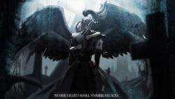  1boy 1girl absurdres armor black_armor black_tunic black_wings blurry blurry_background cqu english_text facing_viewer feathered_wings feet_out_of_frame flaming_eye hair_over_one_eye high_ponytail highres hug hug_from_behind looking_at_viewer nephis_(shadow_slave) outdoors ponytail shadow_slave shoulder_pads standing sunny_(shadow_slave) tunic wind wind_lift wings 