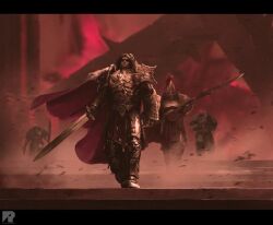  4boys adeptus_astartes adeptus_custodes armor armored_boots black_border boots border breastplate cape clawed_gauntlets closed_mouth commentary emperor_of_mankind english_commentary full_armor fur_trim garviel_loken gauntlets greaves helmet holding holding_polearm holding_sword holding_weapon imperial_aquila leetu long_hair multiple_boys partially_shaded_face pauldrons plume polearm power_armor red_cape red_plume richard_bagnall shoulder_armor spear sword warhammer_40k weapon 