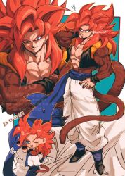  1boy biceps blue_eyes blue_sash body_fur dragon_ball dragon_ball_gt gogeta highres looking_at_viewer male_focus metamoran_vest monkey_boy monkey_tail muscular muscular_male no_nipples pants pectorals red_fur red_hair relio_db318 sash simple_background smile spiky_hair super_saiyan super_saiyan_4 tail veins veiny_hands white_pants 