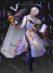  1boy :d absurdres apron arm_tattoo bat_(animal) black_background black_gloves black_pants black_shoes braid brooch burger buttons call_of_cthulhu candy character_name chef chef_hat coffin copyright_name curtained_hair dark-skinned_male dark_skin double-breasted ear_piercing earrings falling_food fangs flat_top_chef_hat food full_body gloves hat highres holding holding_knife holding_plate jewelry kitchen_knife knife lettuce lollipop looking_at_viewer male_focus neck_ribbon onion pants parted_bangs piercing pink_ribbon plate pointy_ears purple_ribbon red_ribbon reverse_grip ribbon robe shoes short_hair side_braid sleeves_rolled_up smile solo standing star_brooch tattoo teeth tomato tomato_slice ttarou110 unworn_hat unworn_headwear vampire violet_eyes waist_apron white_apron white_hair white_hat white_robe yellow_ribbon 