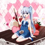  candy chocolate dress flower food fruit hair_bow hair_flower hair_ornament helmet_(musco2) kneeling musco original pocky solo strawberry twintails valentine 