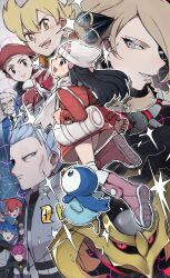 4girls 5boys barry_(pokemon) beanie black_hair blonde_hair character_request chikiso cynthia_(pokemon) giratina hat highres hikari_(pokemon) jacket long_hair multiple_boys multiple_girls pink_jacket piplup poke_ball poke_ball_(basic) pokemon pokemon_(creature) pokemon_dppt professor_rowan solo_focus sparkle white_hat