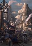  bridge cart cliff cloud fan flag lever lights mining mining_helmet mountain neon_lights noba pipes pixiv_fantasia pixiv_fantasia_5 railing railroad_tracks scenery smoke stairs steampunk town trigard_empire 