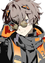  1boy 333takoyaki absurdres adjusting_eyewear alban_knox alban_knox_(1st_costume) blush brown_hair closed_mouth coat commentary_request drawstring earrings gloves grey_eyes hand_on_eyewear highres hood hood_down jewelry looking_at_viewer male_focus nijisanji nijisanji_en round_eyewear simple_background solo tinted_eyewear upper_body virtual_youtuber white_background 