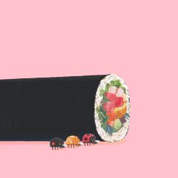  bug commentary_request fish_(food) food food_focus ladybug makizushi no818 no_humans original pink_background rice simple_background sushi 