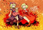  absurdres aki_minoriko aki_shizuha blonde_hair blush closed_eyes eyes_closed food fruit gibuchoko grapes hair_ornament hat highres laughing leaf multiple_girls open_mouth outstretched_hand red_eyes short_hair siblings sisters smile touhou 