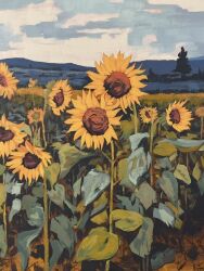  evening flower highres jimmusilpainter mountainous_horizon nature no_humans original outdoors plant plant_focus scenery sunflower tree yellow_flower 