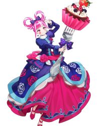  1girl attack blue_dress blunt_bangs blush bouquet bow breasts closed_mouth cupcake dress earrings facial_mark fire_emblem fire_emblem_engage fire_emblem_heroes floral_print floral_print_dress flower food fork fruit giant_fork hair_bow hair_rings heart heart_facial_mark highres holding holding_bouquet holding_fork hortensia_(cutesplosion)_(fire_emblem) hortensia_(fire_emblem) jewelry long_sleeves multicolored_hair non-web_source official_alternate_costume official_art pink_eyes pink_hair polka_dot polka_dot_bow print_dress small_breasts smile solo strawberry streaked_hair two-tone_hair tym_taro v-shaped_eyebrows white_hair 