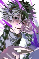  1boy 333takoyaki absurdres black_hair black_sweater blue_period braid coat commentary_request crossed_bangs hashida_haruka highres holding holding_paintbrush long_hair looking_at_viewer male_focus paint paintbrush simple_background solo sweater tongue turtleneck turtleneck_sweater twin_braids upper_body white_coat 