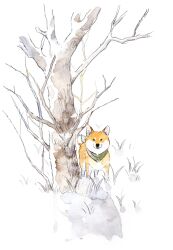  absurdres animal bandana bare_tree commentary_request dog green_bandana highres looking_at_viewer no_humans original shiba_inu simple_background tree white_background yako_sketch 