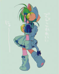  1girl absurdres ahoge animal_hat bell blue_bow bow cat_hat cat_tail dejiko di_gi_charat full_body green_background green_hair hair_bell hair_ornament hat highres maid menma_(enaic31) neck_bell short_hair short_sleeves simple_background solo tail tail_bow tail_ornament translation_request 