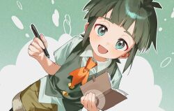  1boy :d absurdres ascot collared_shirt commentary_request happy highres holding holding_notebook holding_pencil korean_commentary male_focus notebook open_mouth orange_ascot pencil pokemon pokemon_(anime) pokemon_xy_(anime) pokesudal sawyer_(pokemon) shirt short_hair short_sleeves shorts smile solo vest 