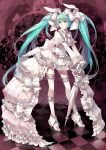  animal_ears aqua_eyes aqua_hair bow brooch bunny_ears checkered checkered_floor closed_umbrella dress frills garters gears hair_bow hair_ribbon hat hatsune_miku highres jewelry leg_garter long_hair mini_top_hat mismatched_legwear pale_skin rella ribbon shoes showgirl_skirt solo thigh-highs thighhighs top_hat twintails umbrella very_long_hair vocaloid zettai_ryouiki 