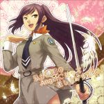  brown_eyes kirishima_eriko long_hair necktie persona persona_1 ponytail purple_hair school_uniform solo sword tenchi11 translation_request weapon 