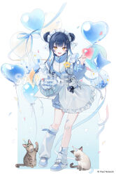  1girl apron balloon bandage_on_knee bbony_0_0 blue_hair blue_jacket blue_ribbon blue_shoes cake cat confetti double_bun food fork frilled_apron frills gangzi_(vtuber) hair_bun hair_ornament hat heart_balloon highres holding holding_fork jacket jersey_maid kneehighs maid maid_apron maid_headdress mismatched_socks multicolored_hair name_tag open_mouth party_hat ribbon sample_watermark shoes sidelocks simple_background single_kneehigh single_sock socks solo star_balloon stellive streamers track_jacket twintails two-tone_hair unconventional_maid virtual_youtuber watermark white_apron white_background x_hair_ornament yellow_eyes 
