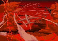  absurdres aerial_battle air-to-air_missile aircraft airplane awacs battle clouds cloudy_sky explosion fighter_jet firing highres lightning mig-29 mikecraftz military military_vehicle missile missile_trail no_humans pixel_art project_wingman radar_dish red_sky scenery sky storm_cloud vehicle_focus war 